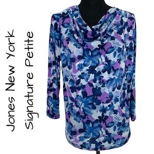 JONES NEW YORK Signature Petite Drape Front Floral Top, PETITE Medium, EUC